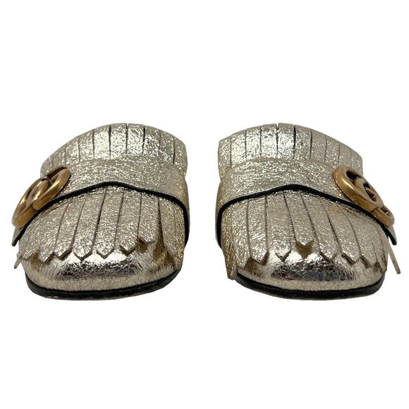 Gucci Marmont Logo Gold Foiled Leather Kiltie Fringe Flat Loafer Mules - Picture 4 of 8